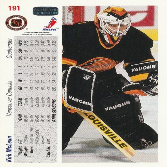 Kirk McLean (Vancouver Canucks) Vintage 1991-1992 Upper Deck Card - Number 191 - Picture 2 of 2